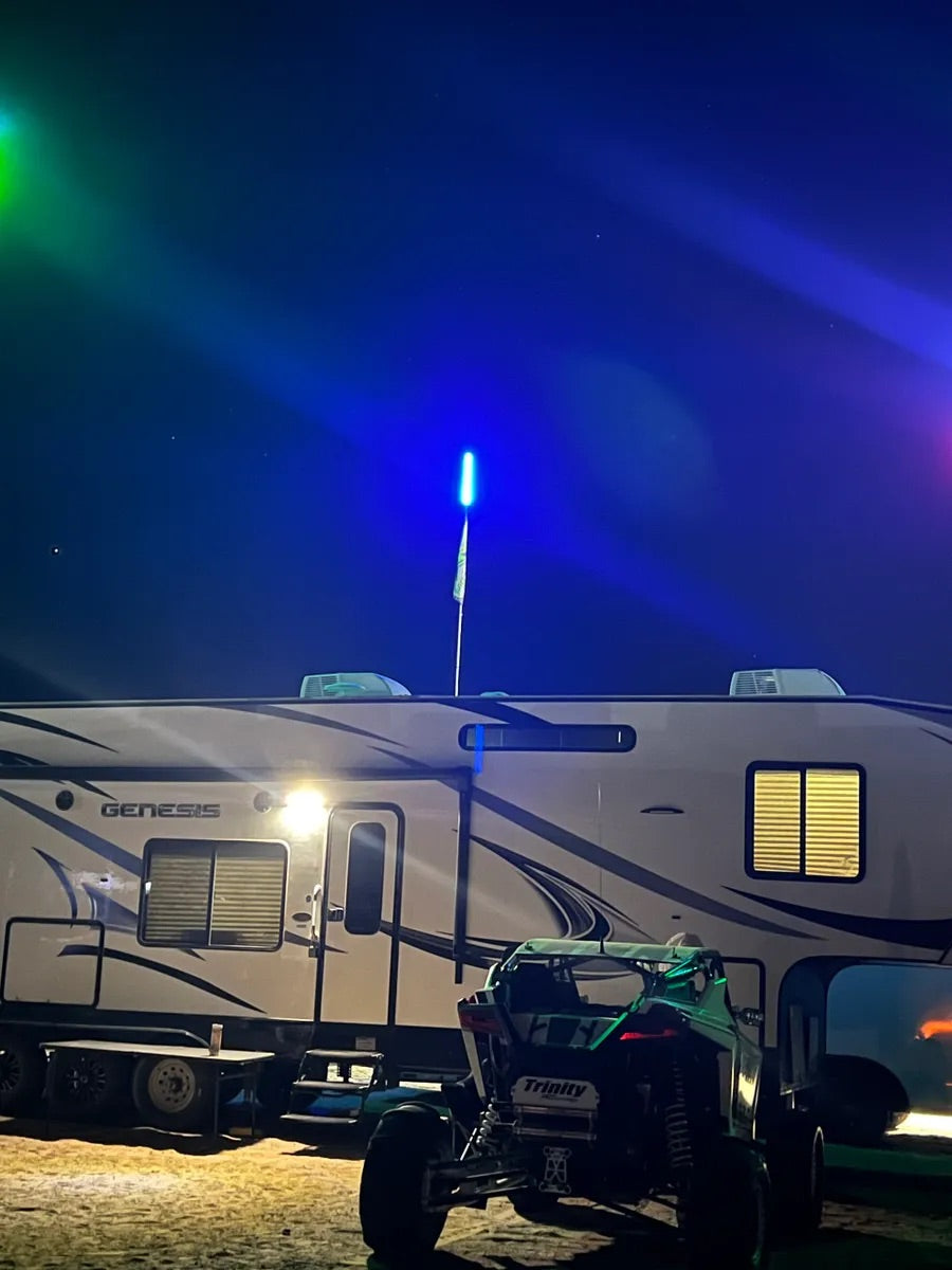 RV parked at night with a CAMP LOCATORS